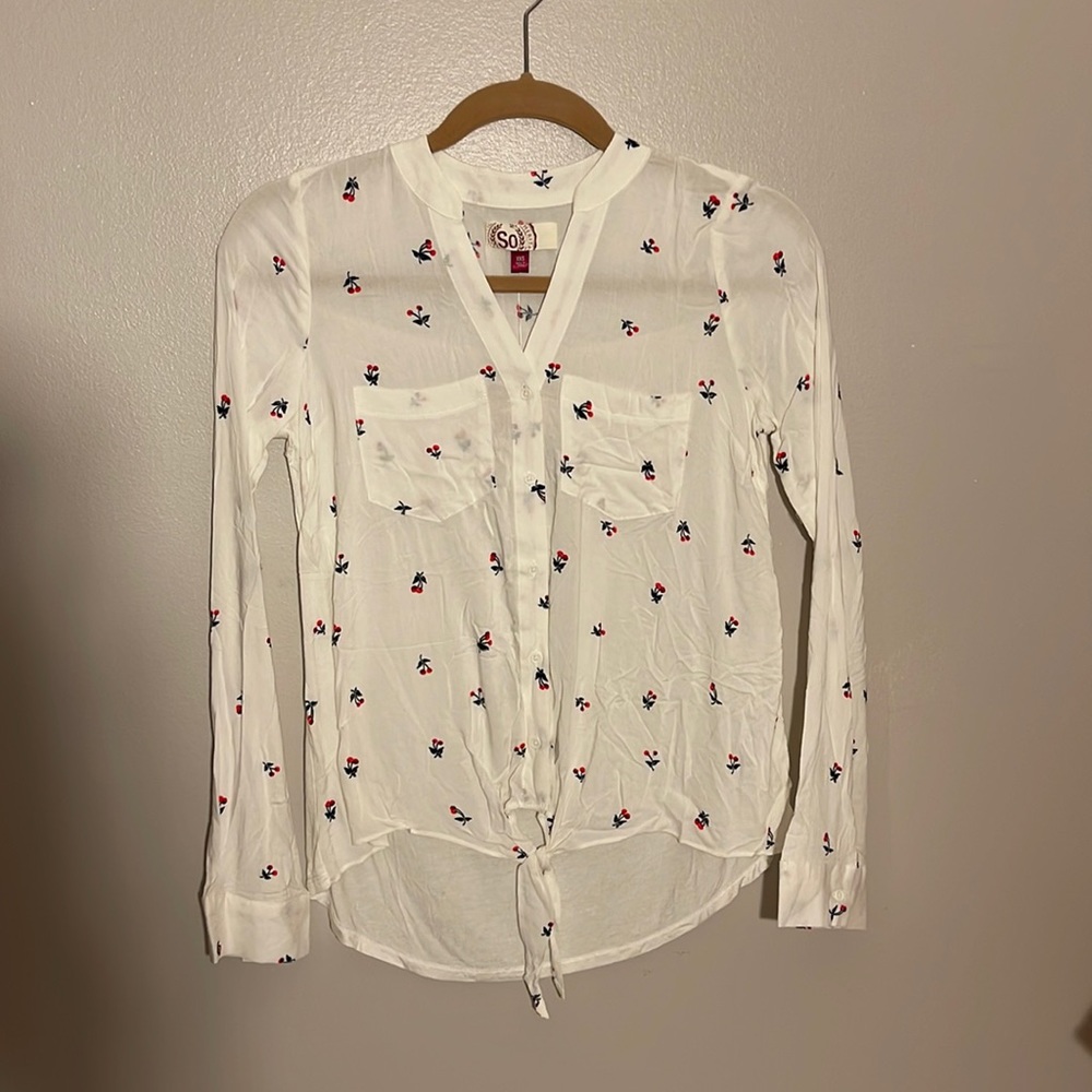 Womens SO Cherry long sleeve tie front top